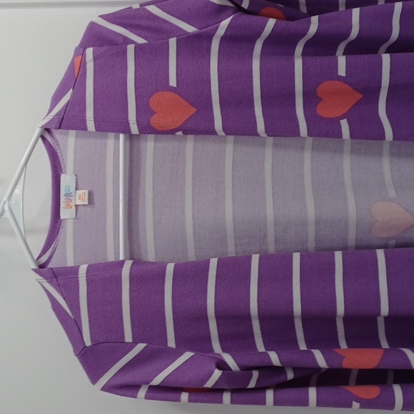 LuLaRoe Purple Cardigan with Pink Hearts & White Stripes, Light Sweater Jacket - Picture 3 of 9
